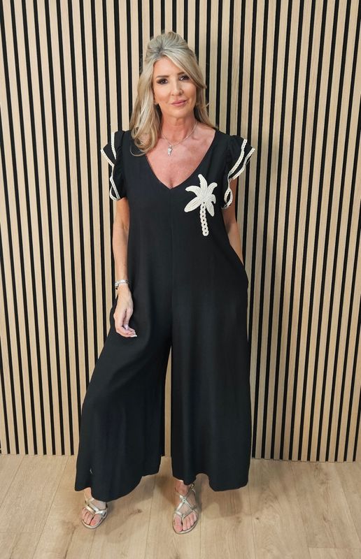 Palm Tree Crochet Detail Wide Leg Jumpsuit – Black