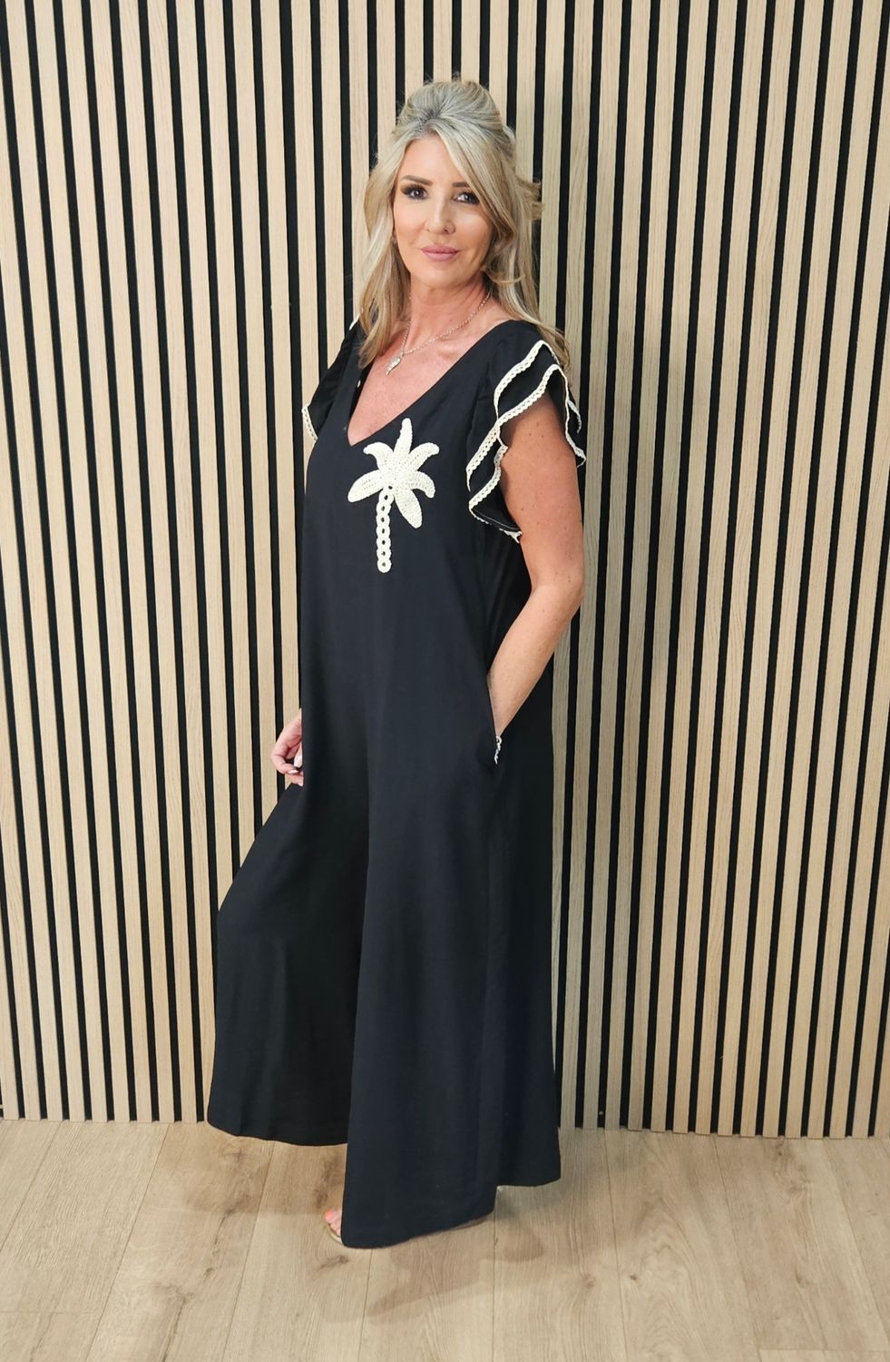 Palm Tree Crochet Detail Wide Leg Jumpsuit – Black