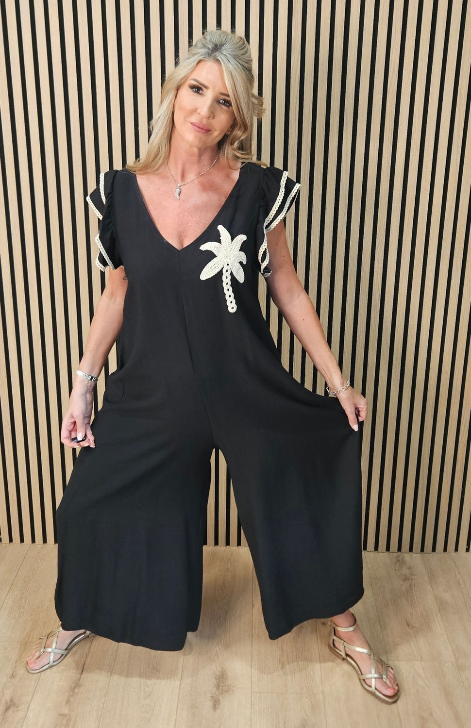 Palm Tree Crochet Detail Wide Leg Jumpsuit – Black