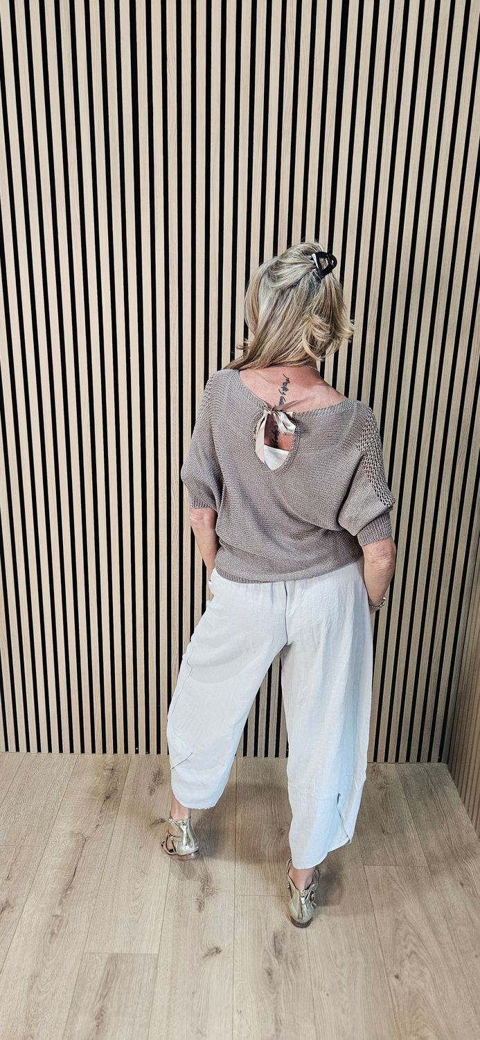Open Knit Tie Back Jumper – Taupe