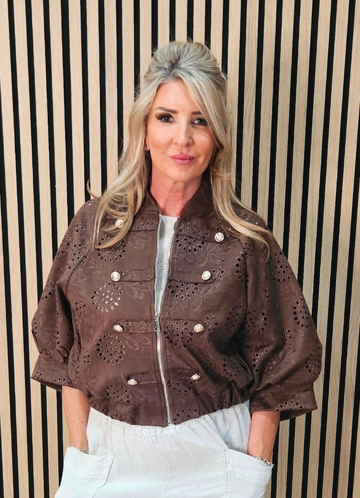 Broderie Zip Front Bomber Jacket – Chocolate
