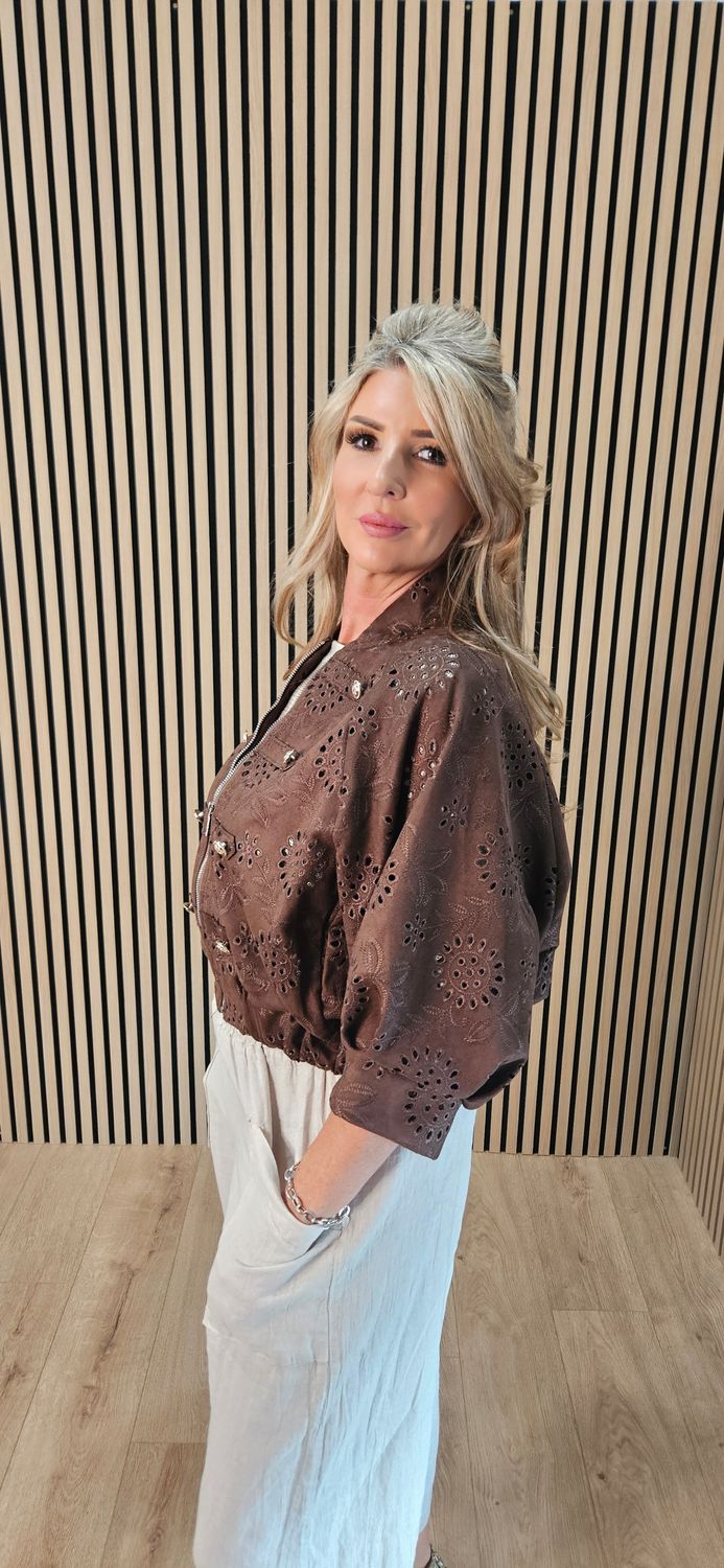 Broderie Zip Front Bomber Jacket – Chocolate