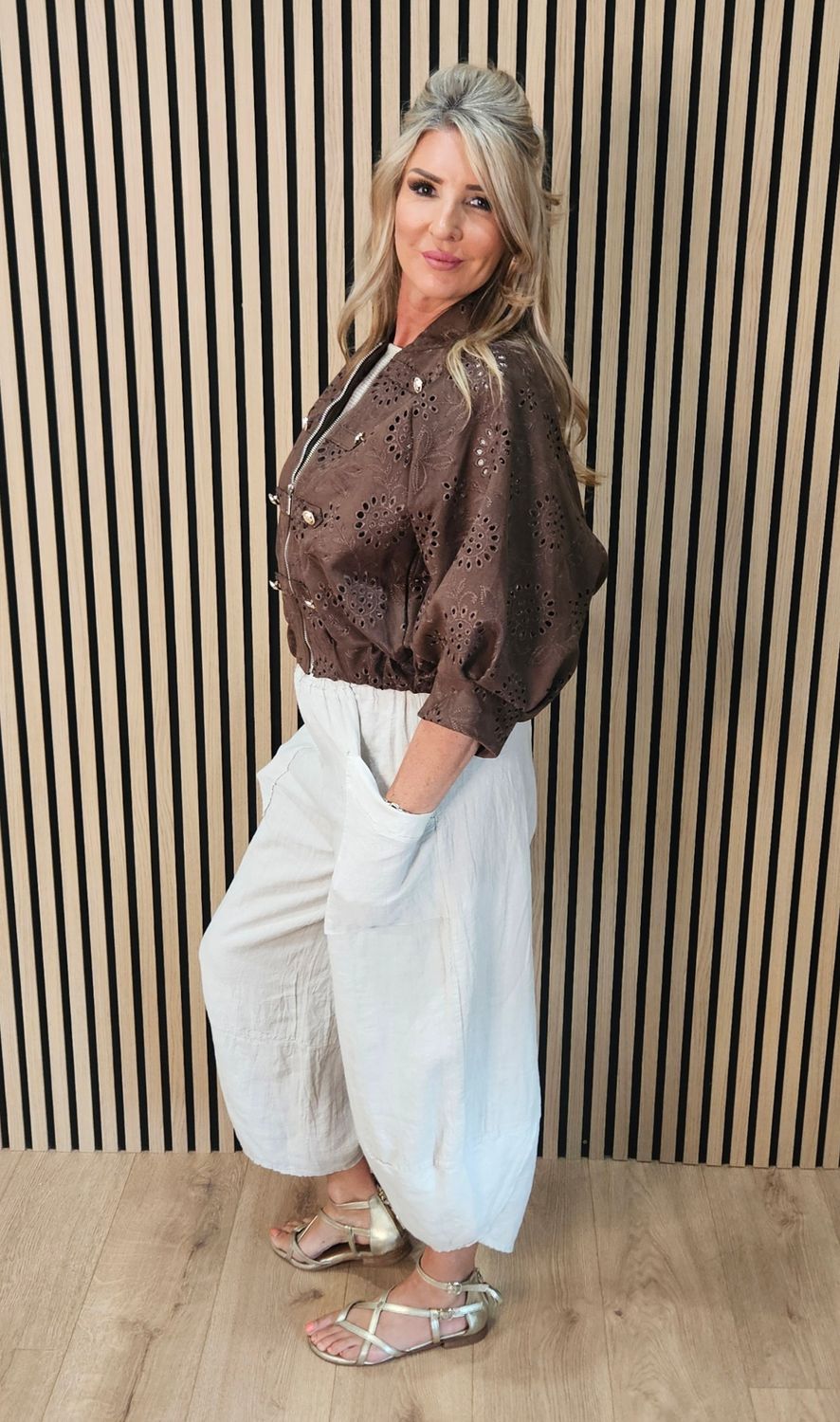 Broderie Zip Front Bomber Jacket – Chocolate