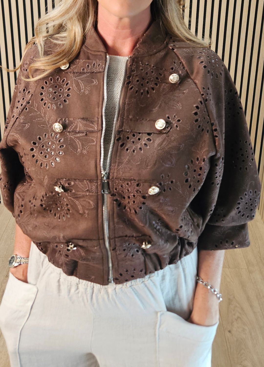 Broderie Zip Front Bomber Jacket – Chocolate