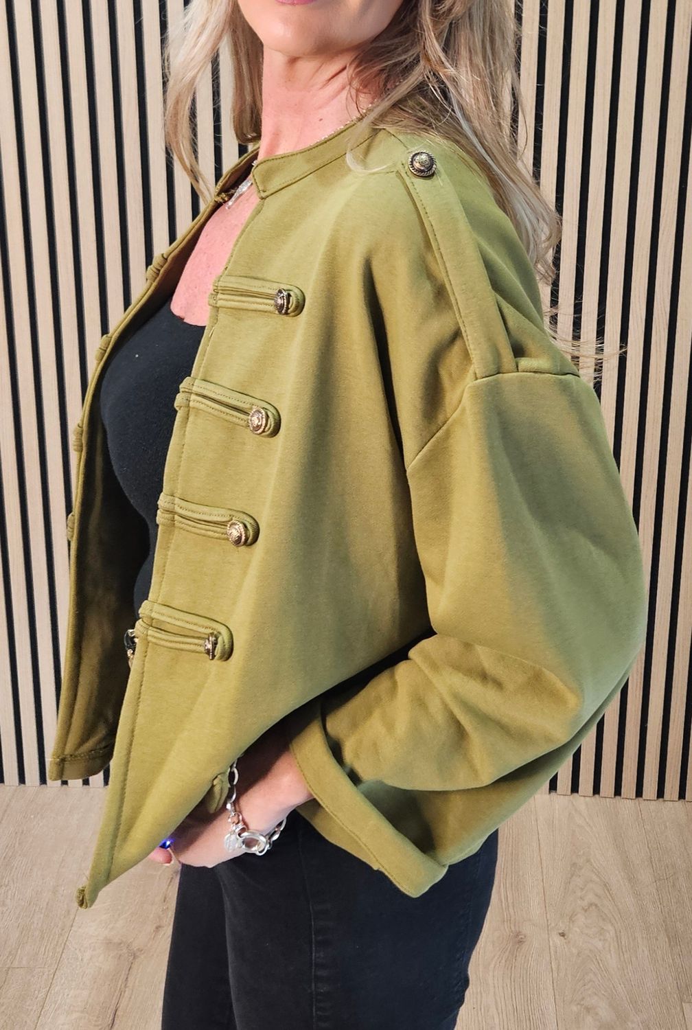 Military Style Button Detail Jacket – Olive Green