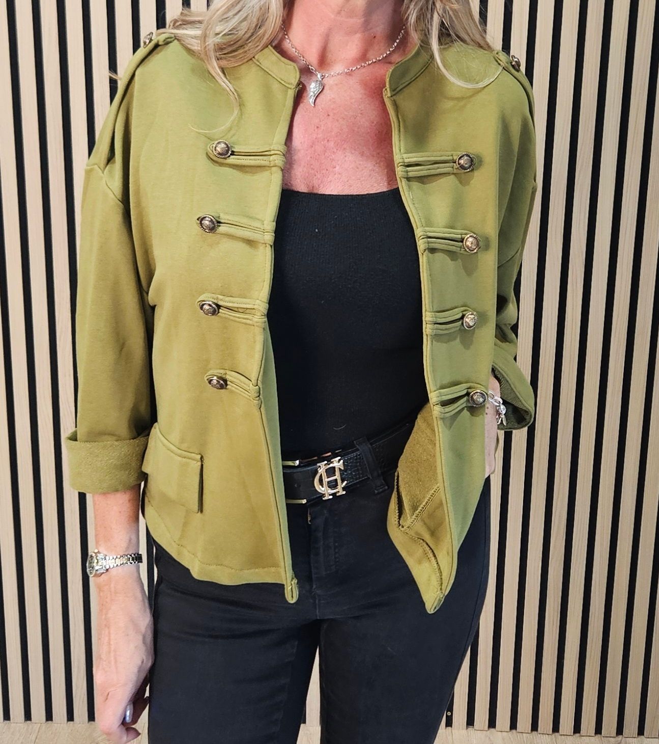 Military Style Button Detail Jacket – Olive Green