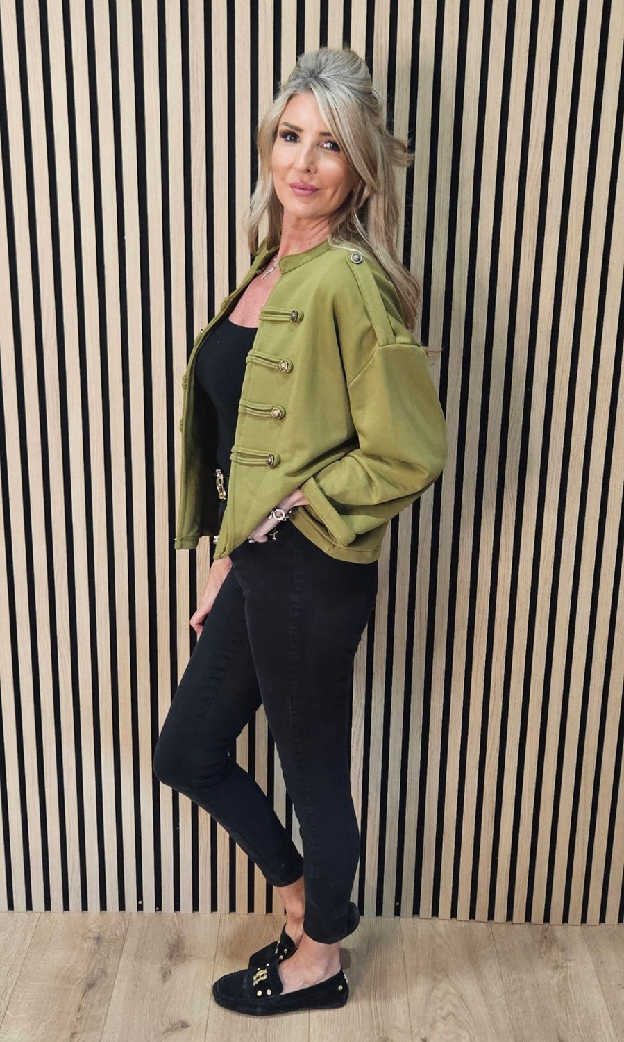 Military Style Button Detail Jacket – Olive Green