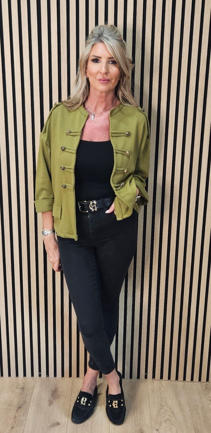 Military Style Button Detail Jacket – Olive Green