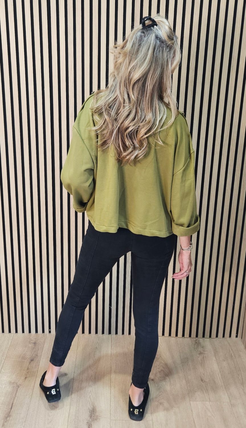 Military Style Button Detail Jacket – Olive Green