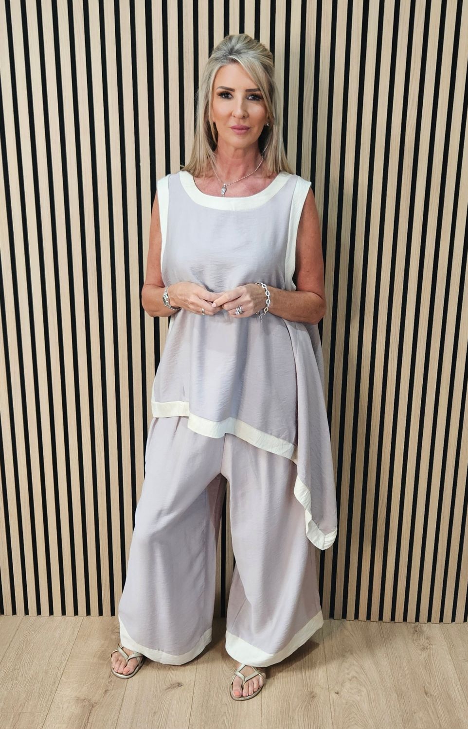 Contrast Trim Asymmetric Trouser Suit - Stone