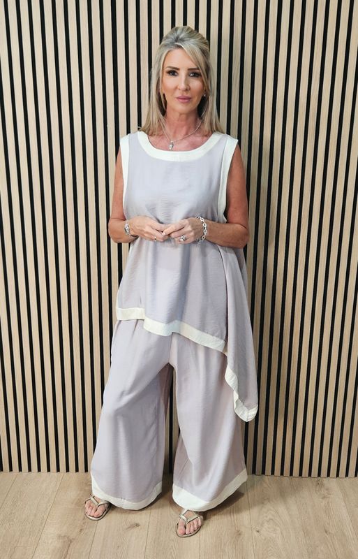 Contrast Trim Asymmetric Trouser Suit - Stone