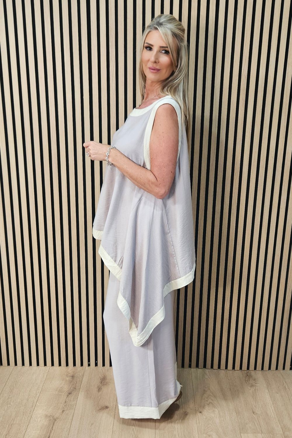 Contrast Trim Asymmetric Trouser Suit - Stone