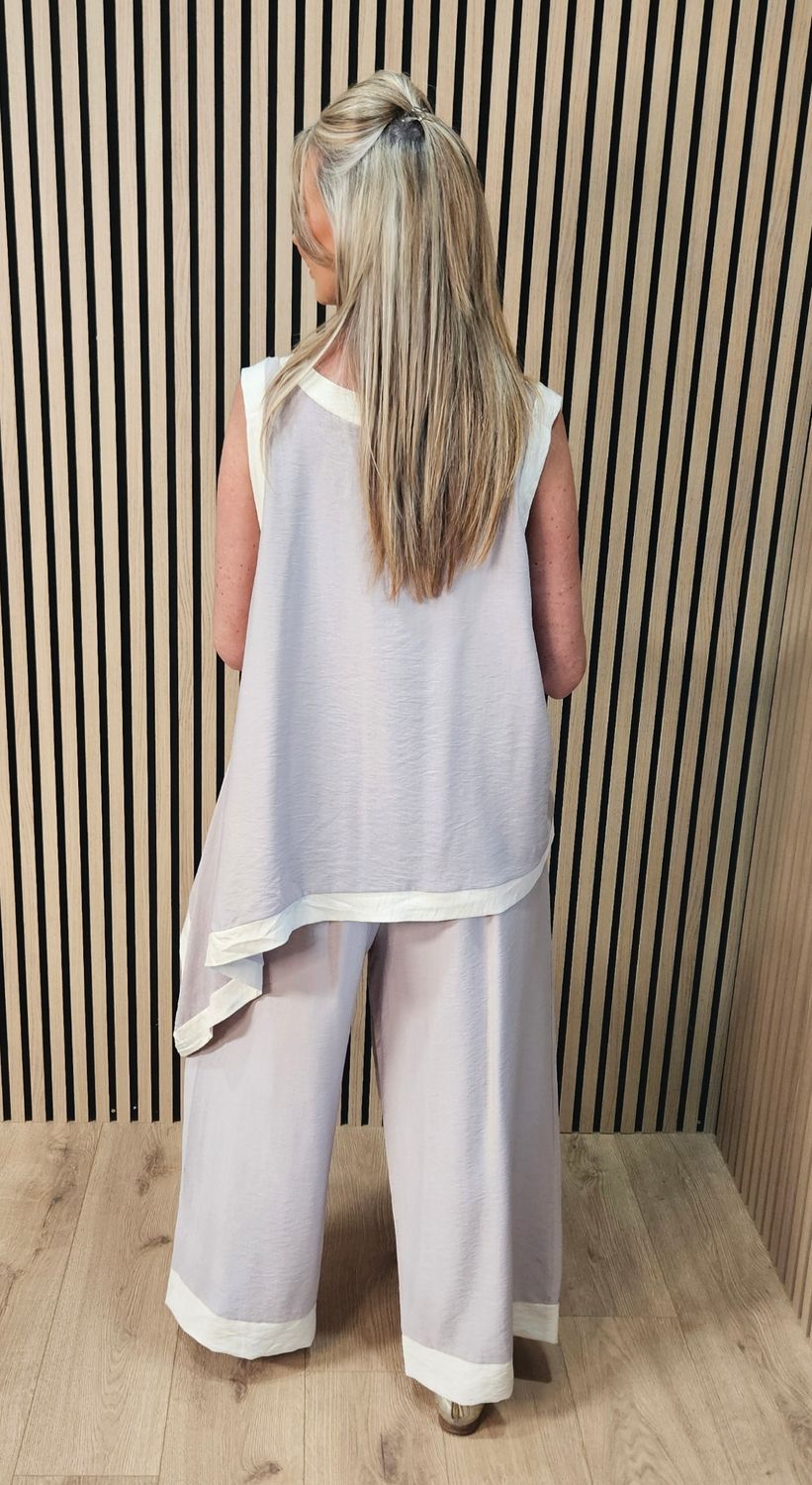 Contrast Trim Asymmetric Trouser Suit - Stone