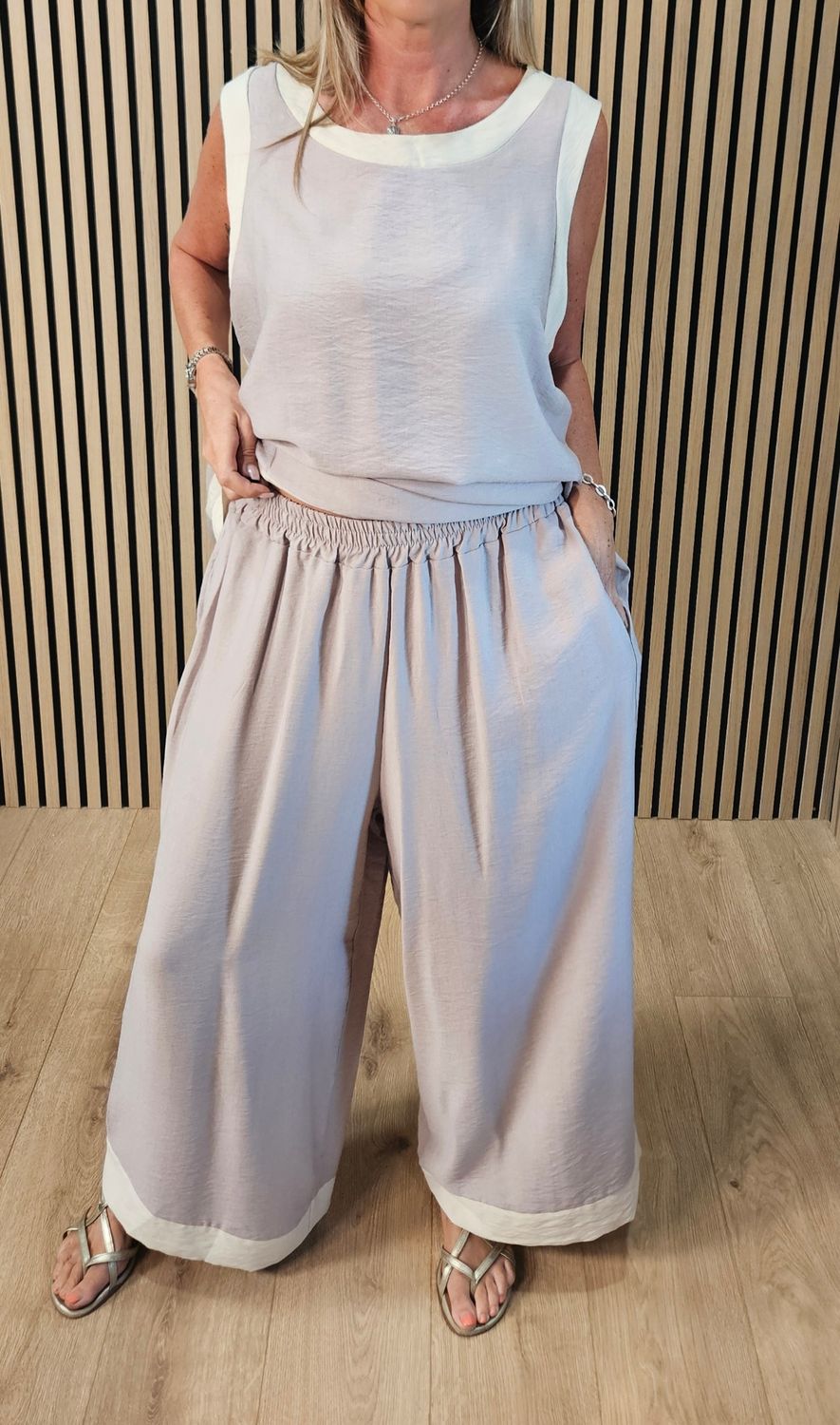 Contrast Trim Asymmetric Trouser Suit - Stone