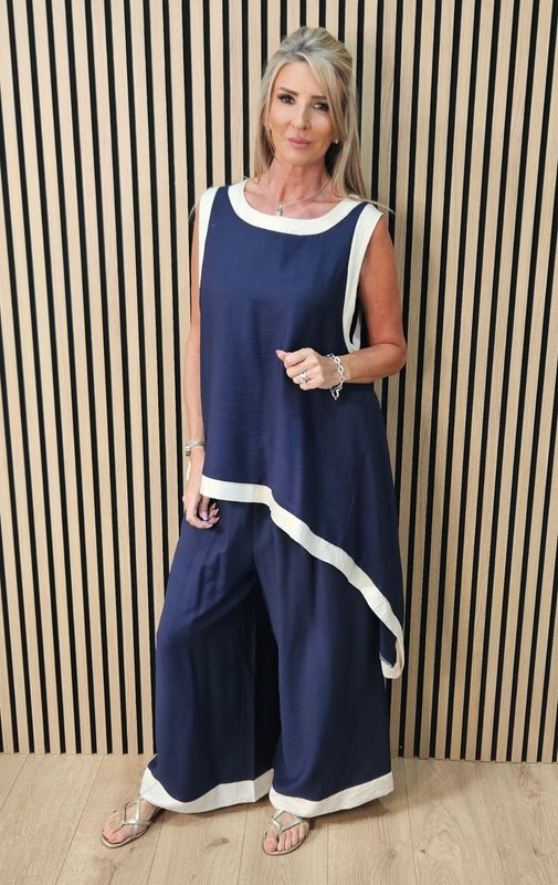 Contrast Trim Asymmetric Trouser Suit – Navy