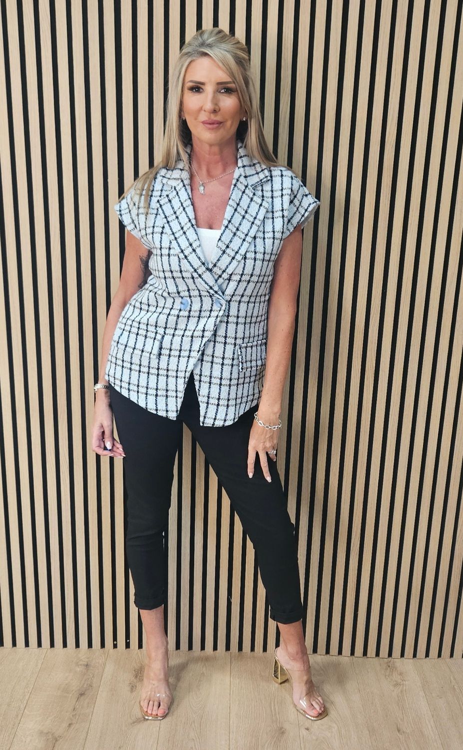 Checked Bouclé Sleeveless Jacket – Sky Blue