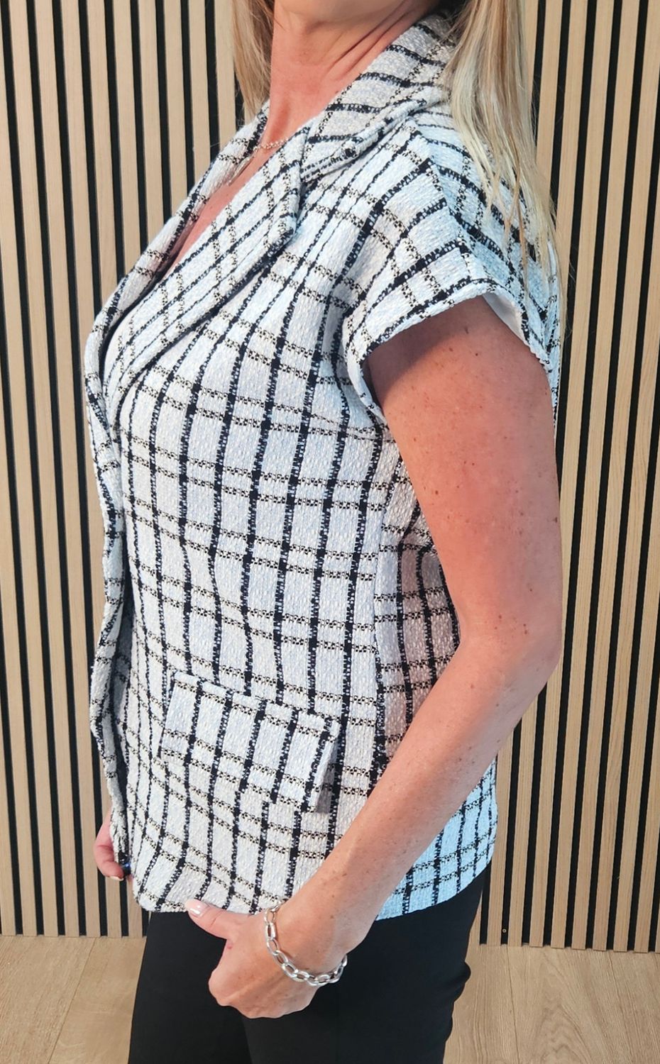 Checked Bouclé Sleeveless Jacket – Sky Blue