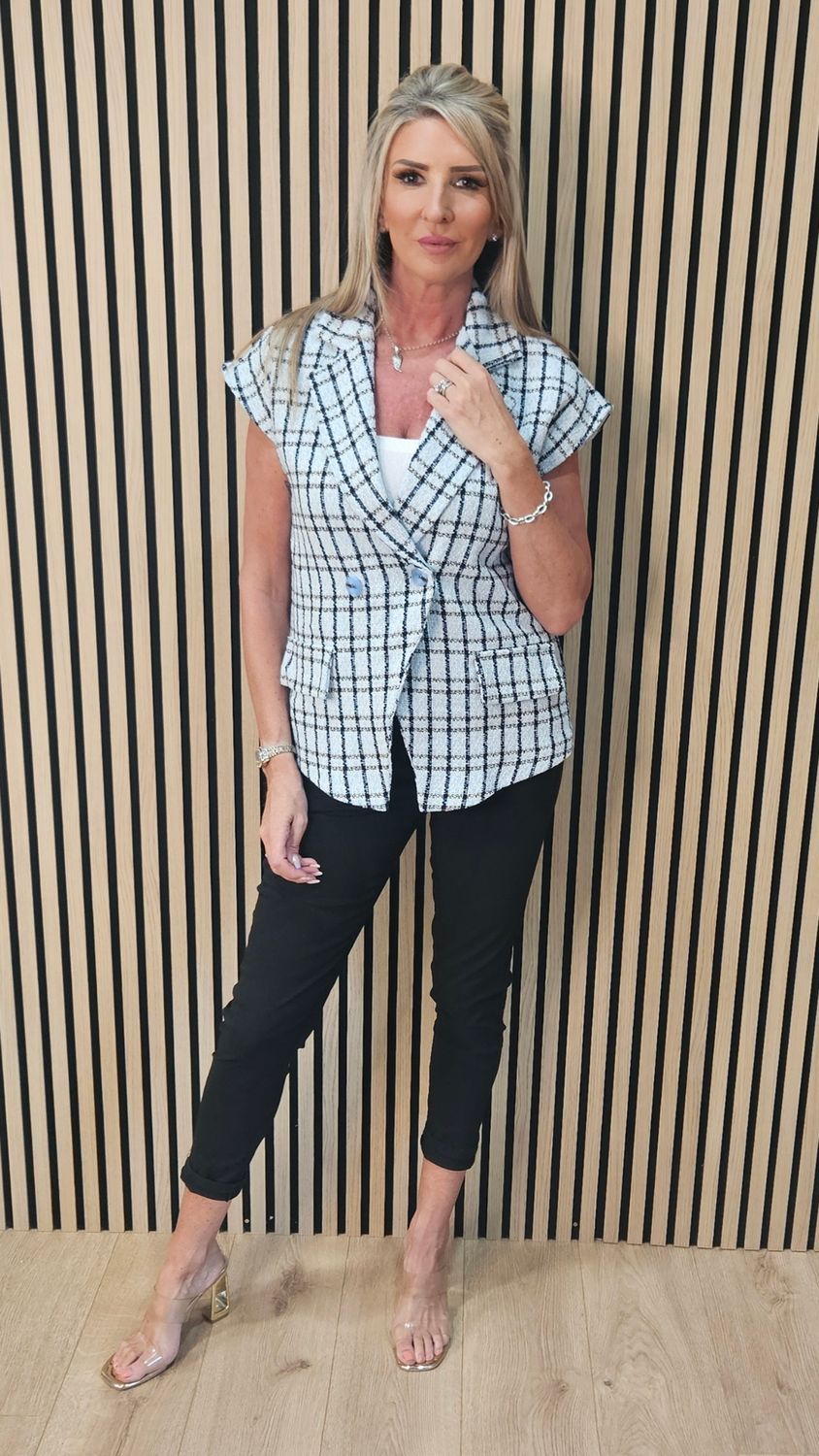 Checked Bouclé Sleeveless Jacket – Sky Blue