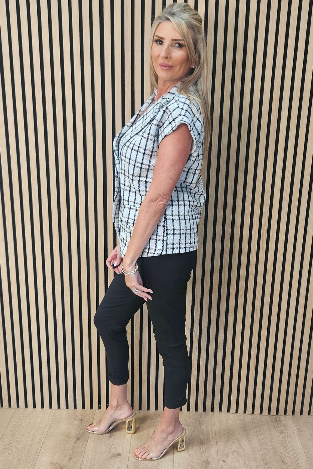 Checked Bouclé Sleeveless Jacket – Sky Blue