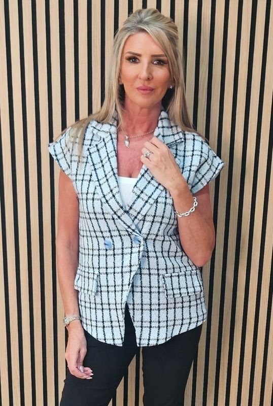 Checked Bouclé Sleeveless Jacket – Sky Blue Checked Bouclé Sleeveless Jacket – Sky Blue