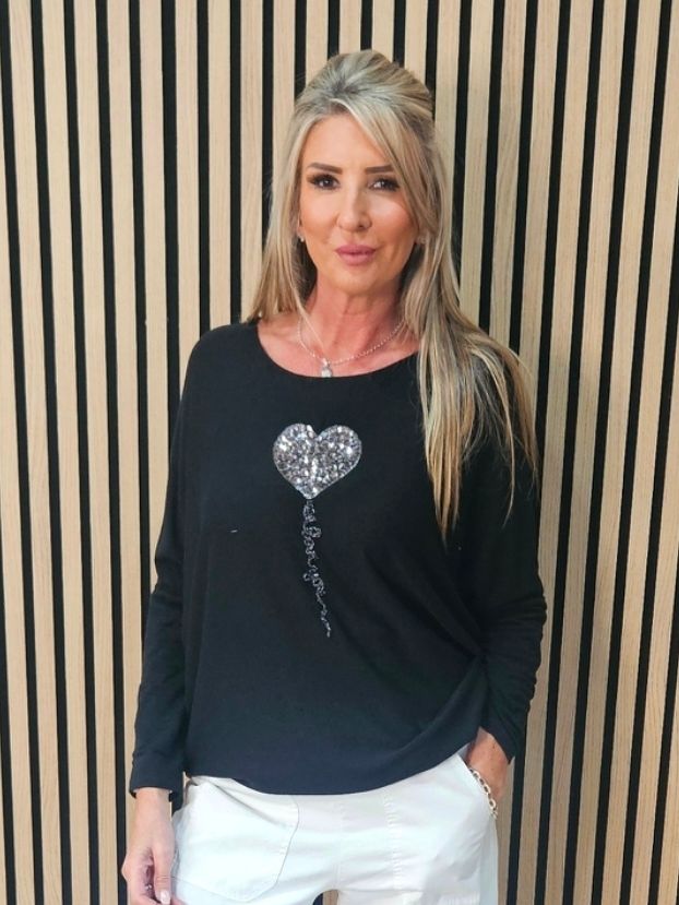 Sparkle Heart Knit Jumper – Black