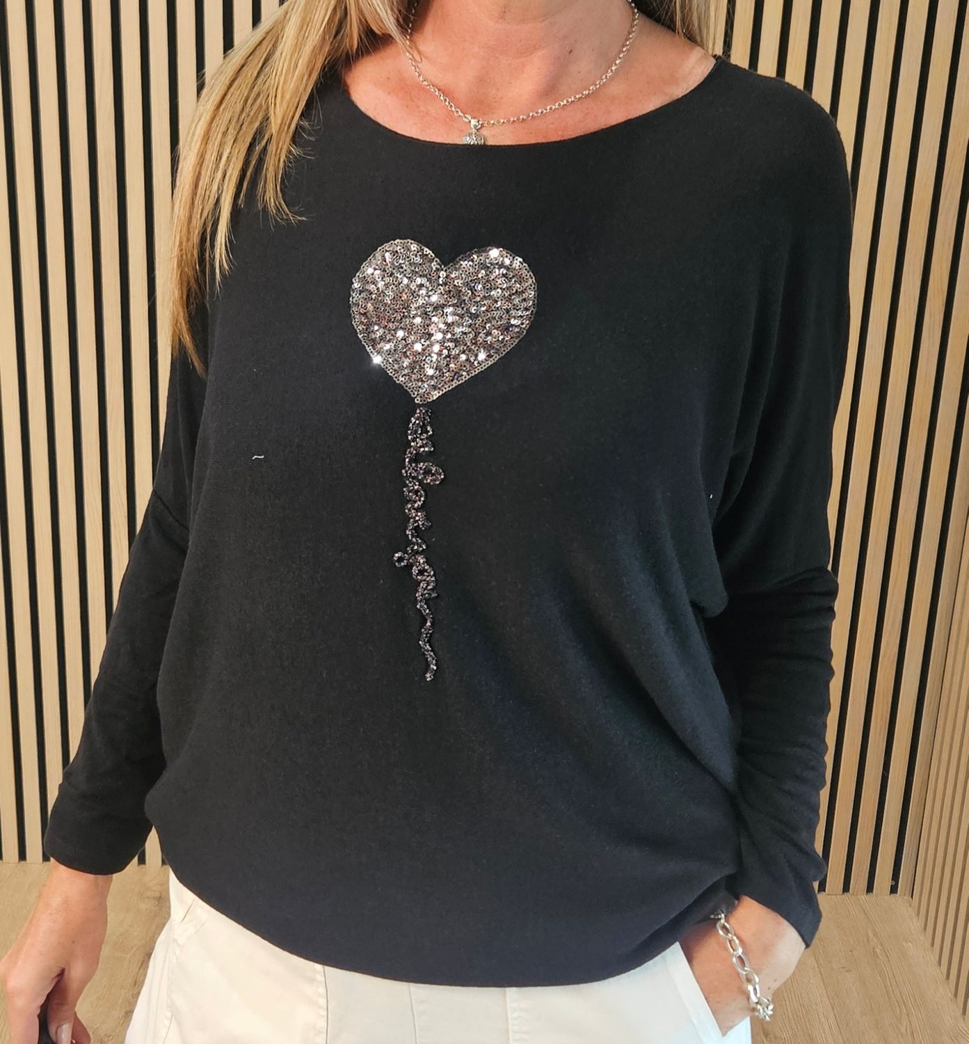 Sparkle Heart Knit Jumper – Black