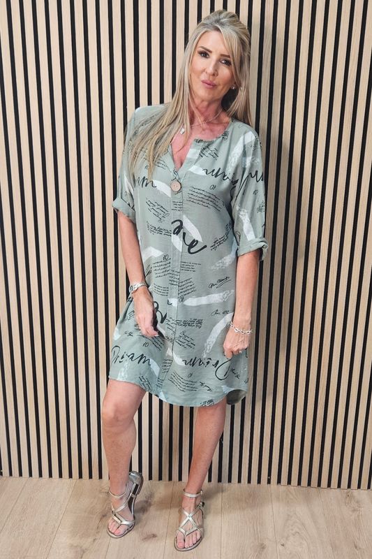 Abstract Script Print Shirt Dress - Khaki Abstract Script Print Shirt Dress - Khaki