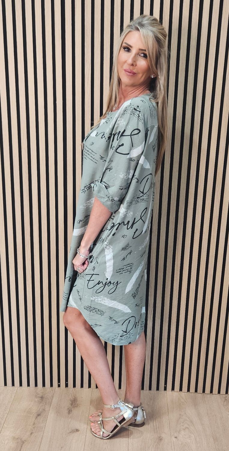 Abstract Script Print Shirt Dress - Khaki