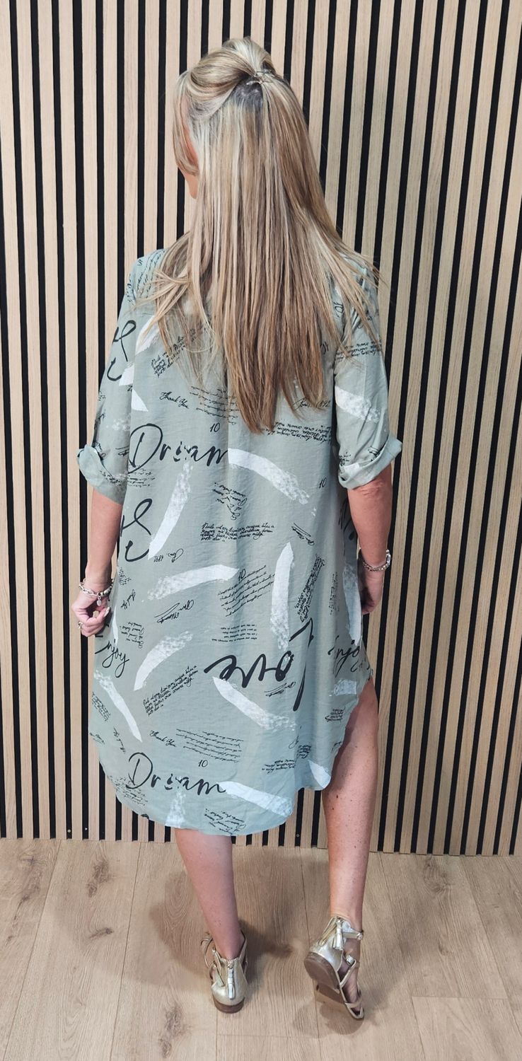 Abstract Script Print Shirt Dress - Khaki