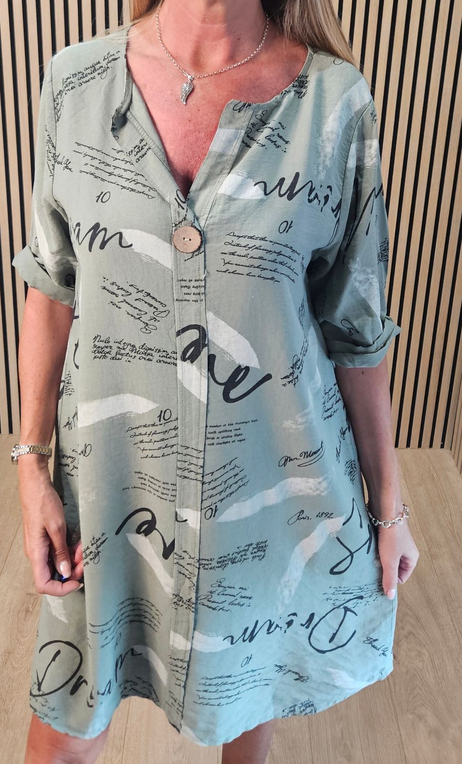 Abstract Script Print Shirt Dress - Khaki