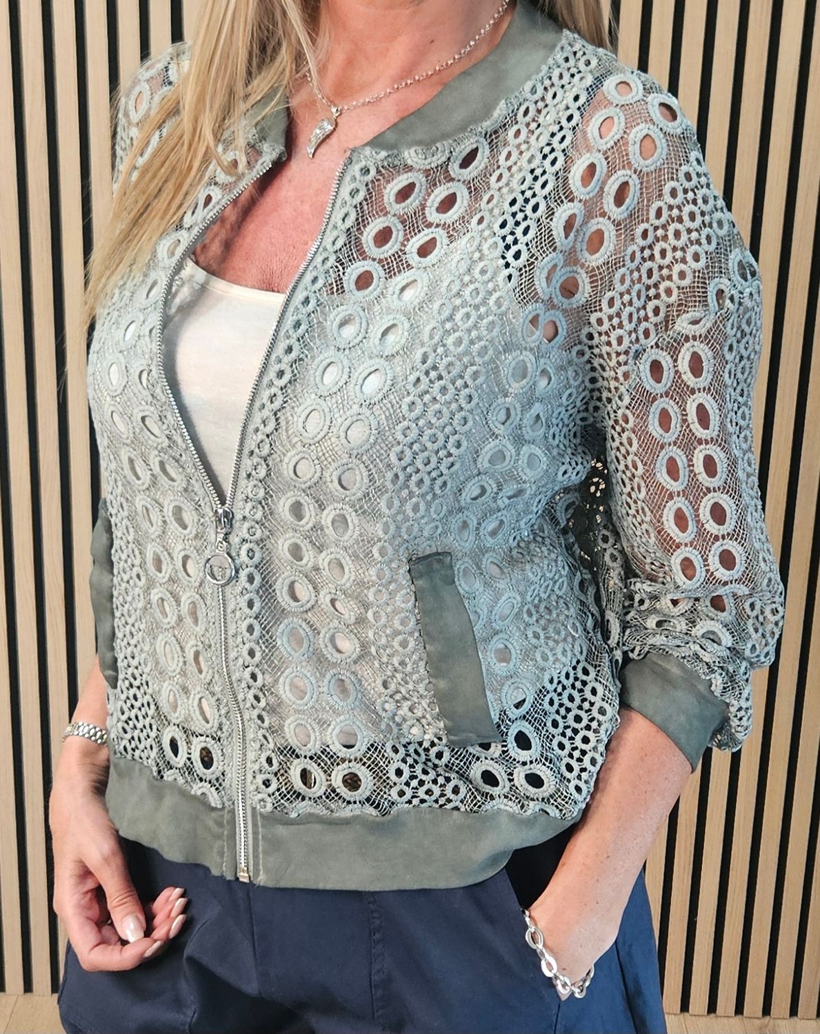 Broderie Lace Bomber Jacket – Khaki 