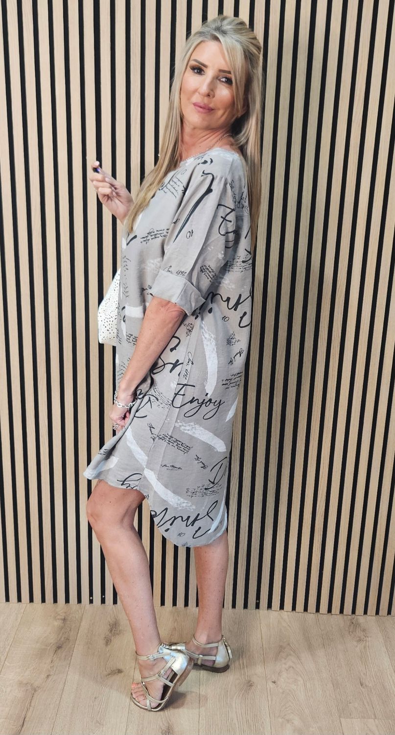 Abstract Script Print Shirt Dress – Taupe