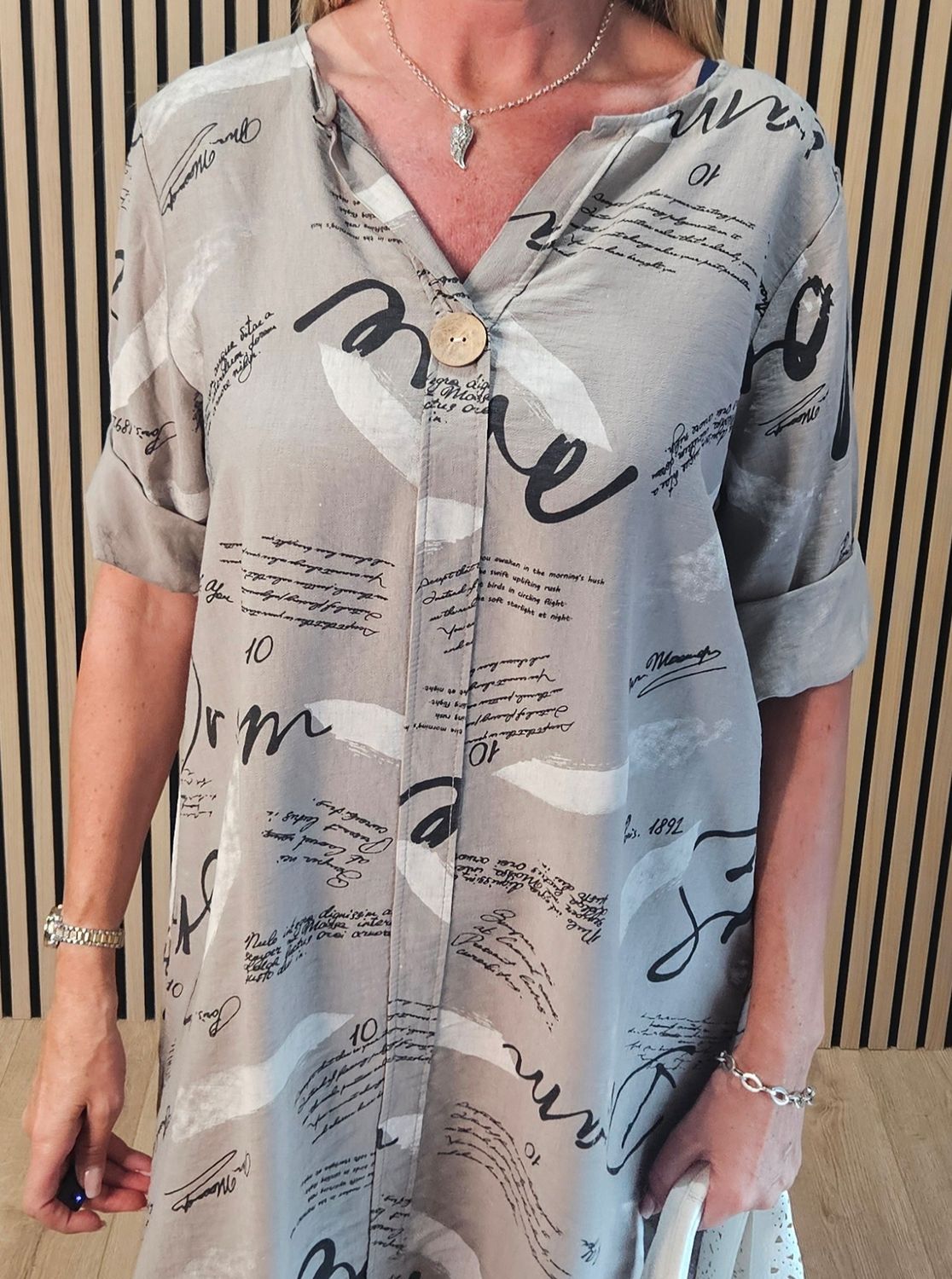 Abstract Script Print Shirt Dress – Taupe