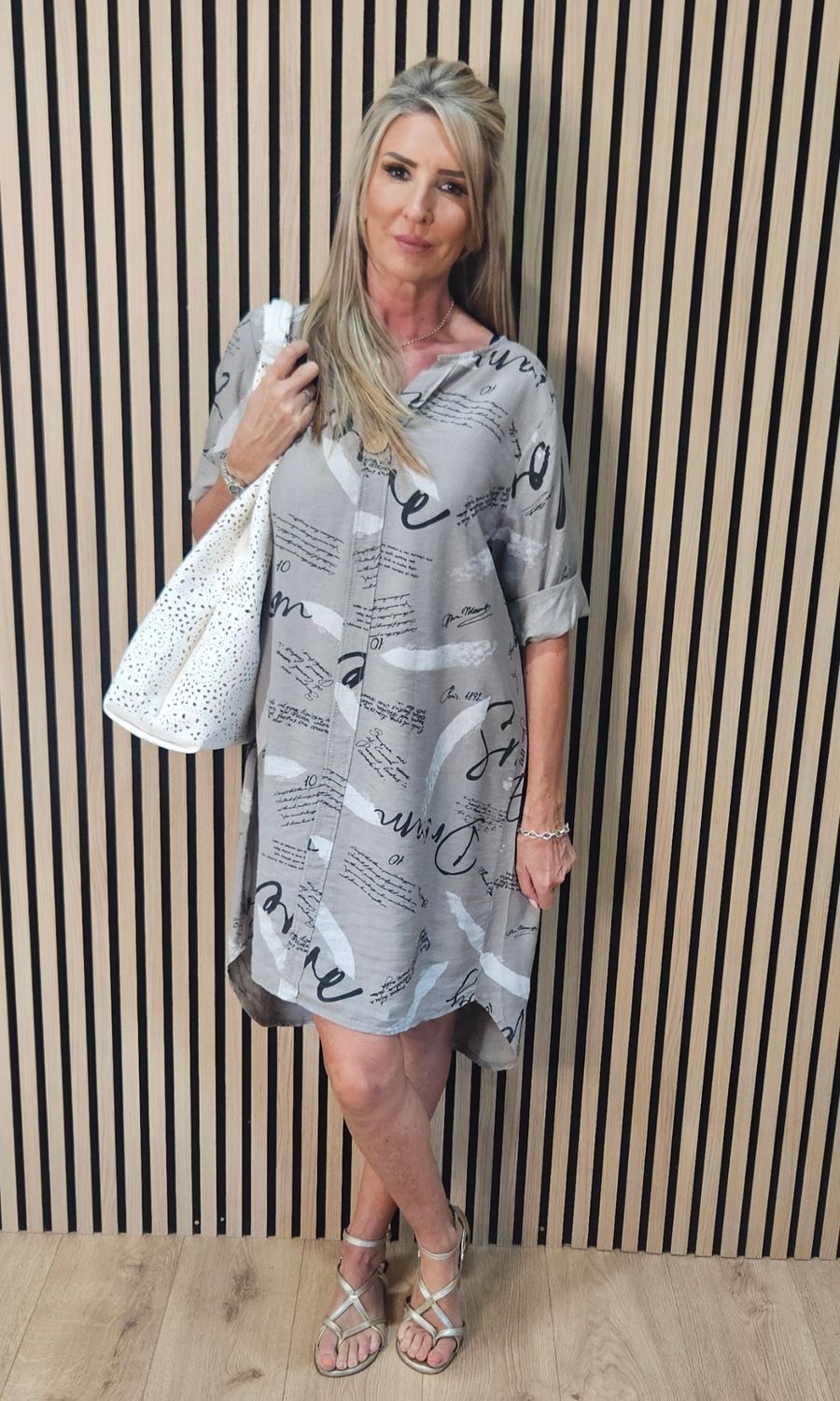 Abstract Script Print Shirt Dress – Taupe