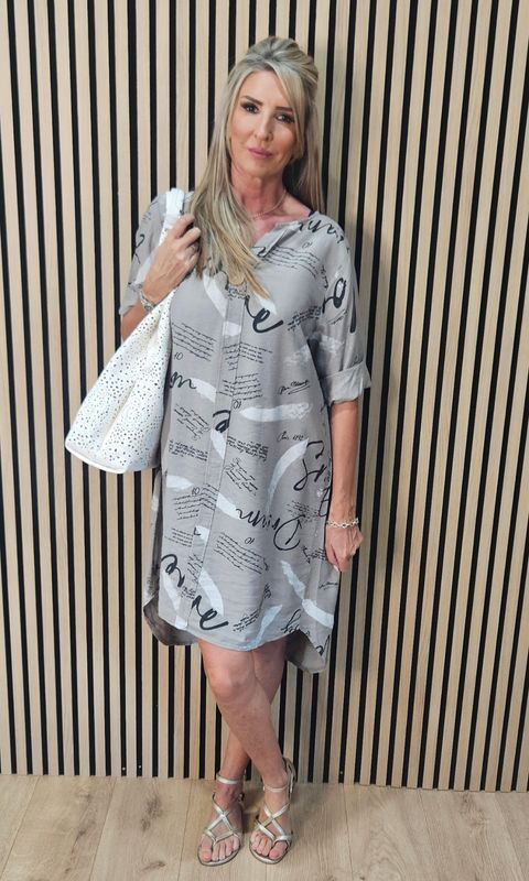 Abstract Script Print Shirt Dress – Taupe Abstract Script Print Shirt Dress – Taupe