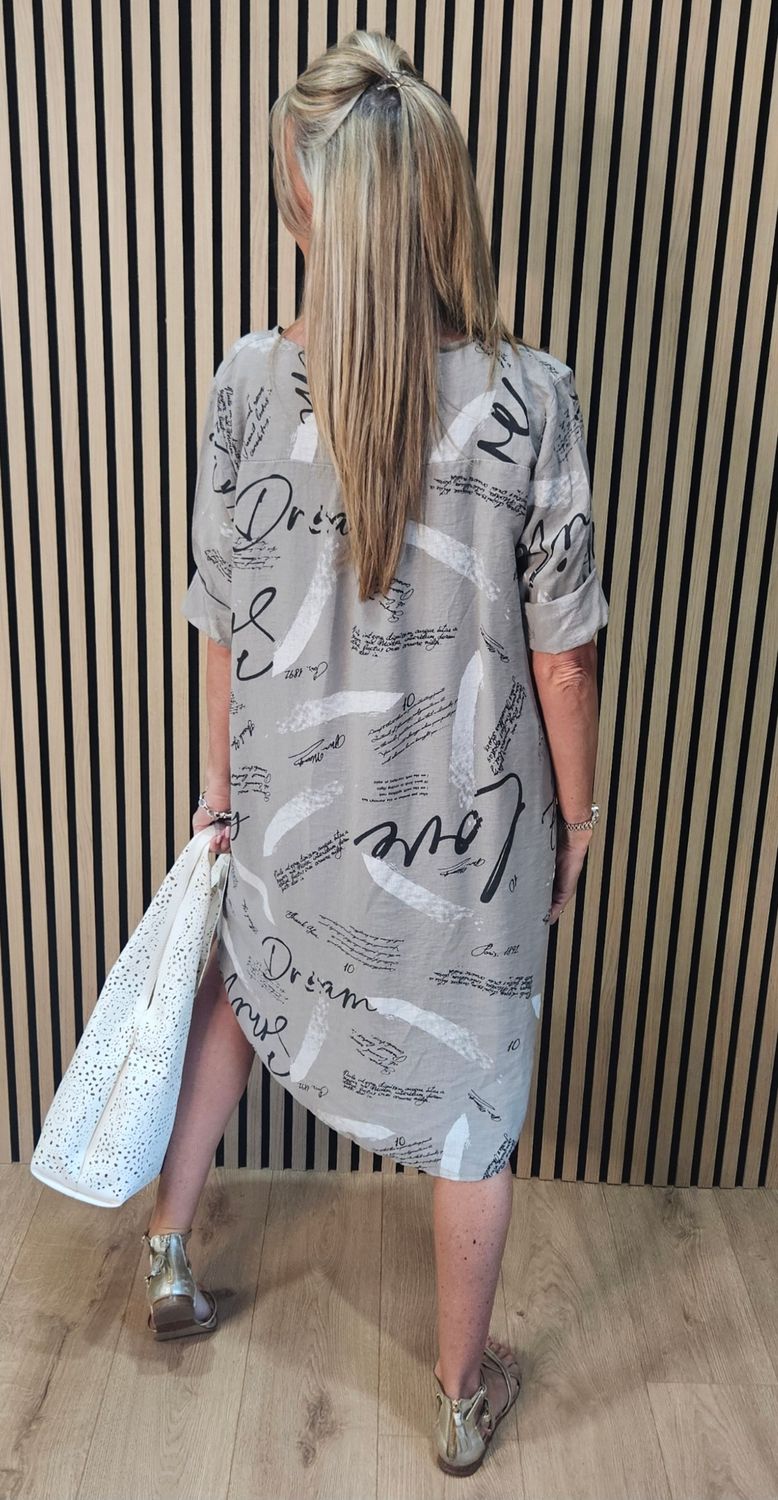 Abstract Script Print Shirt Dress – Taupe