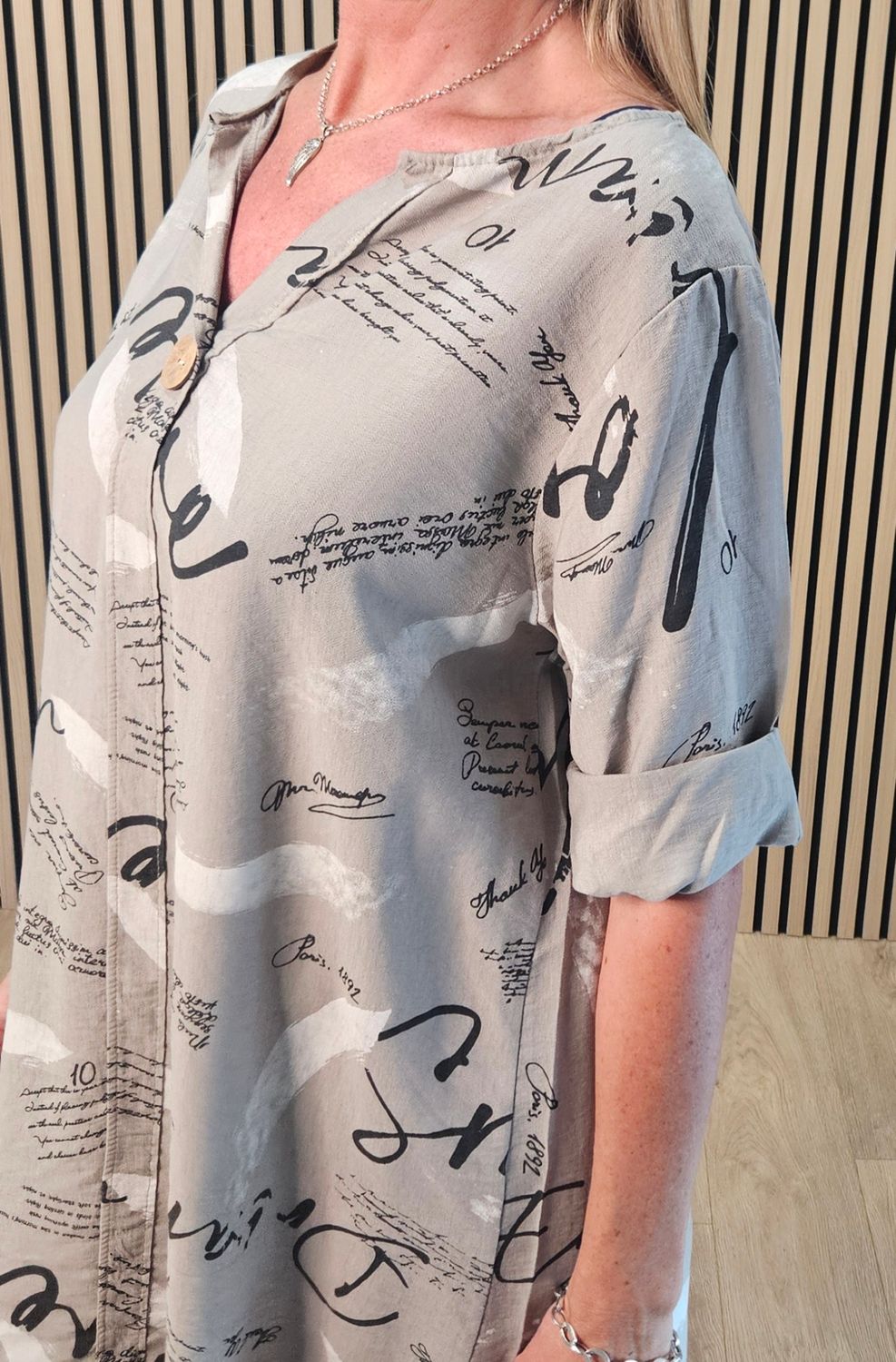 Abstract Script Print Shirt Dress – Taupe