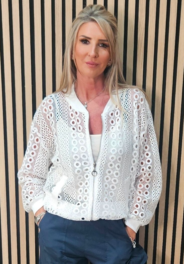 Broderie Lace Bomber Jacket – White