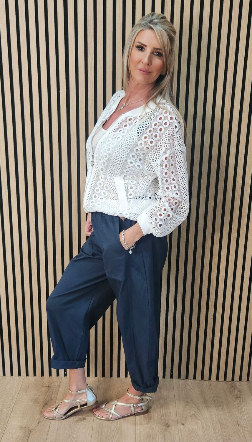 Broderie Lace Bomber Jacket – White
