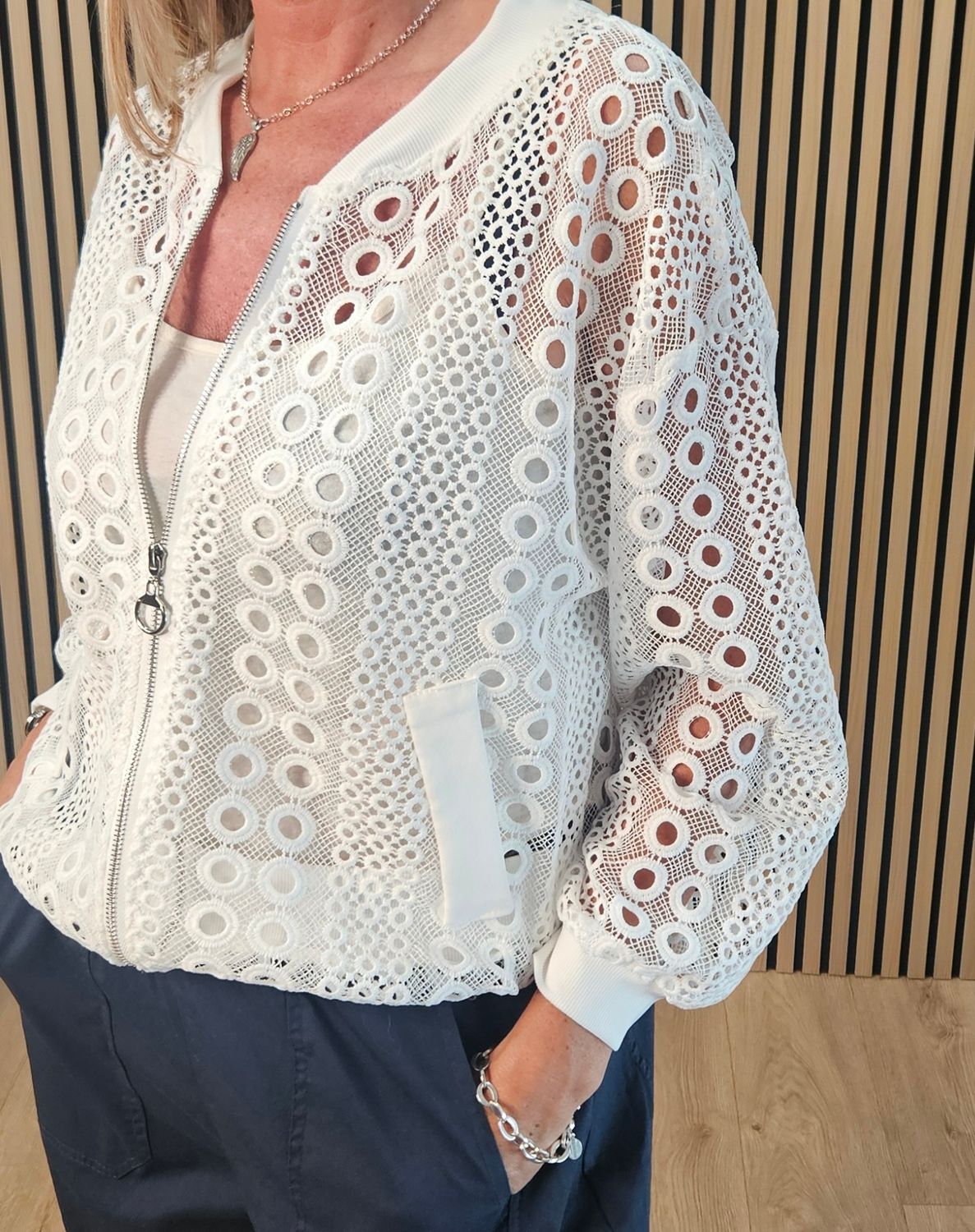 Broderie Lace Bomber Jacket – White