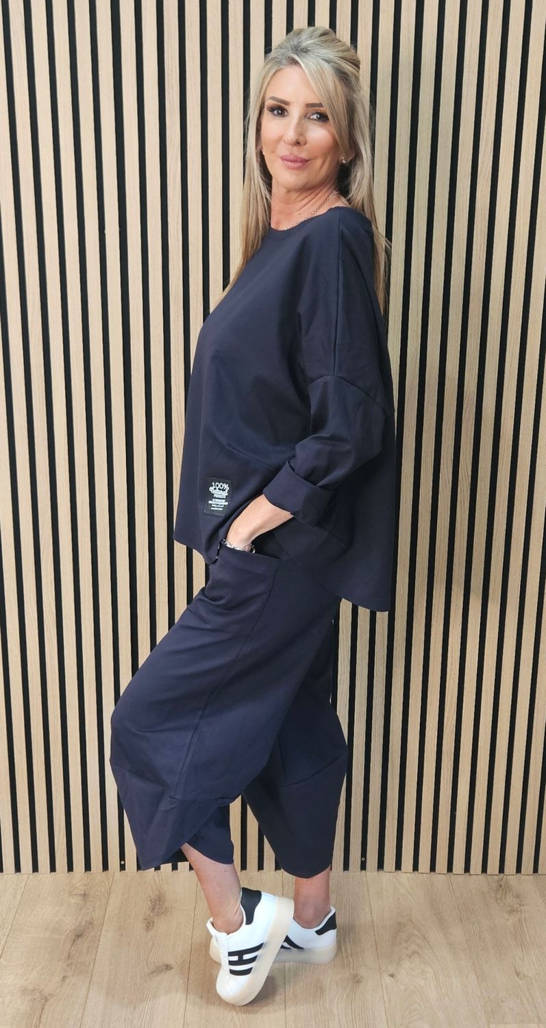 Cotton Blend Relaxed Co-Ord Set - Navy
