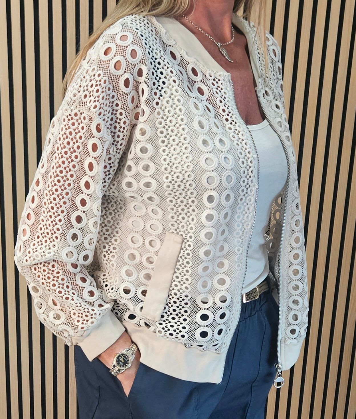Broderie Lace Bomber Jacket – Cream