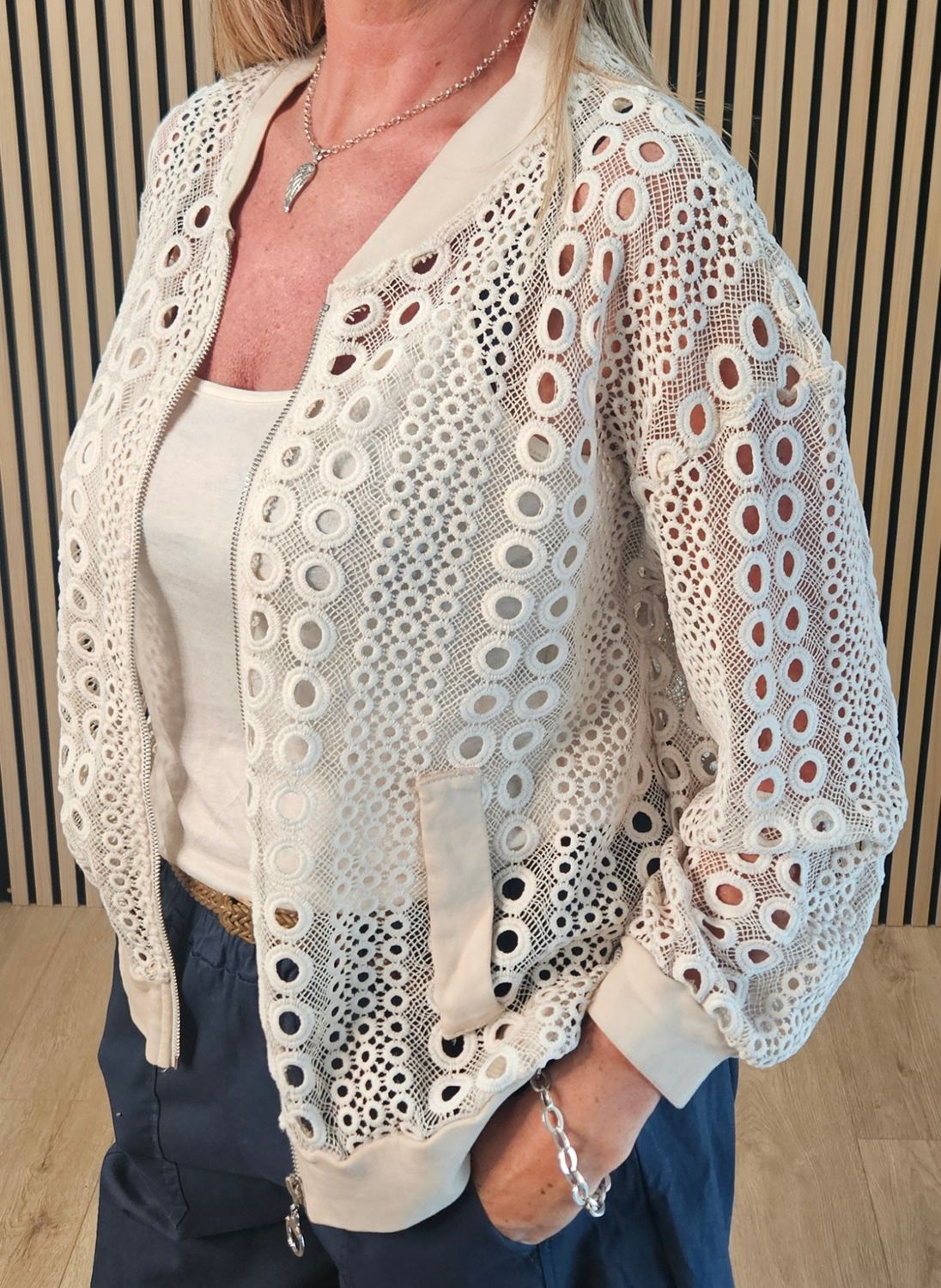 Broderie Lace Bomber Jacket – Cream