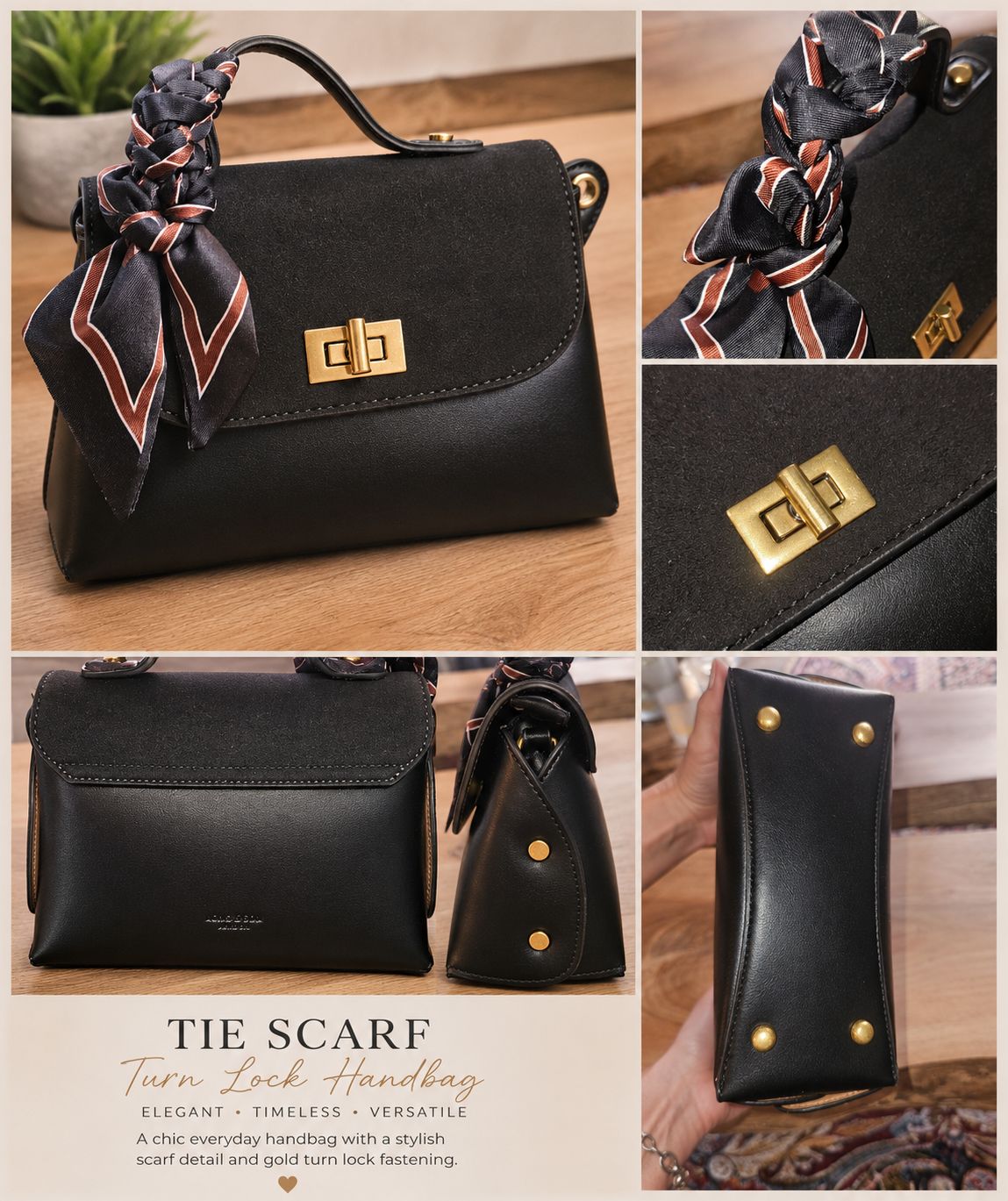 Tie Scarf Turn Lock Handbag – Black