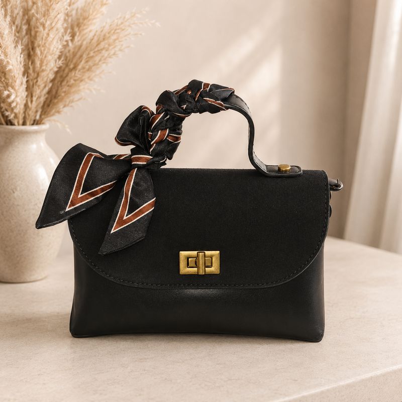 Tie Scarf Turn Lock Handbag – Black