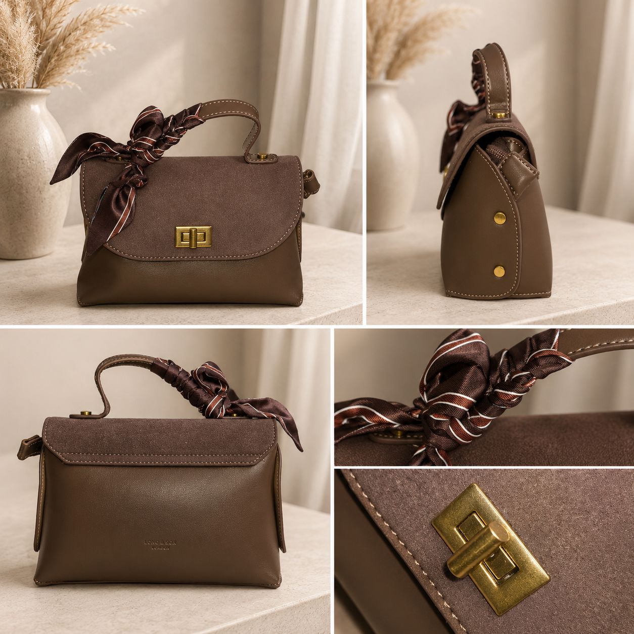 Tie Scarf Turn Lock Handbag – Chocolate