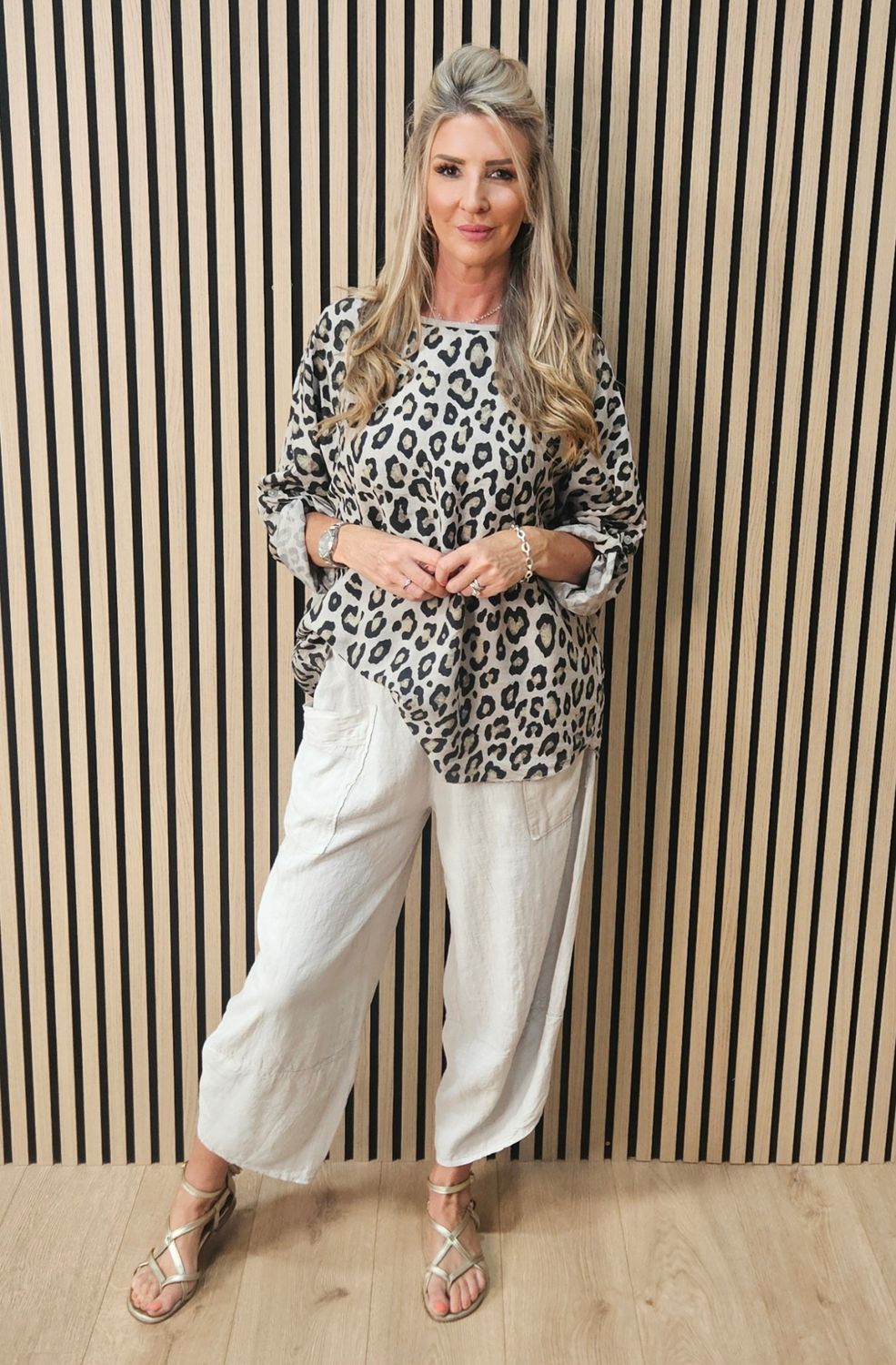 Leopard Print Roll Sleeve Top – Taupe