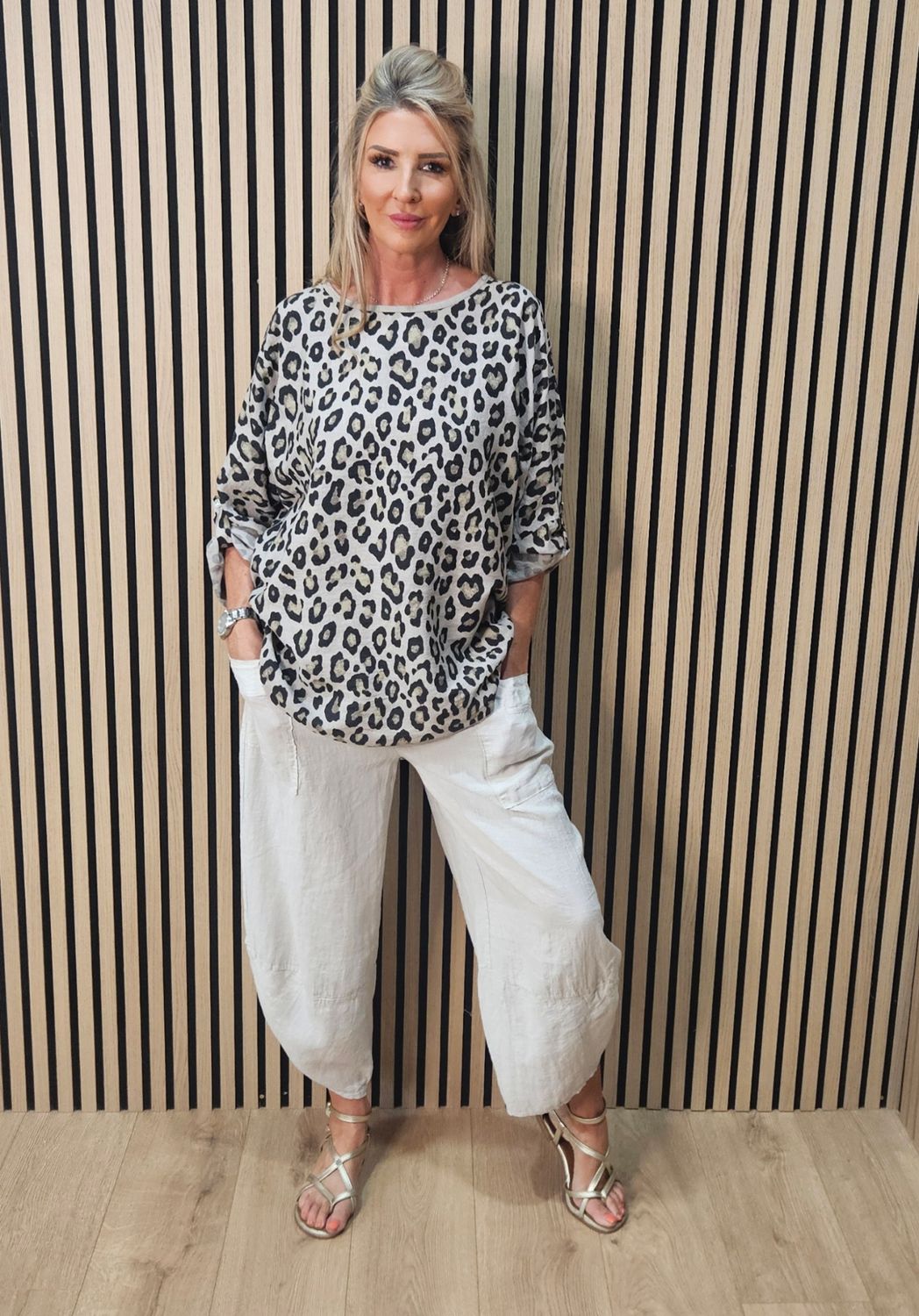 Leopard Print Roll Sleeve Top – Taupe