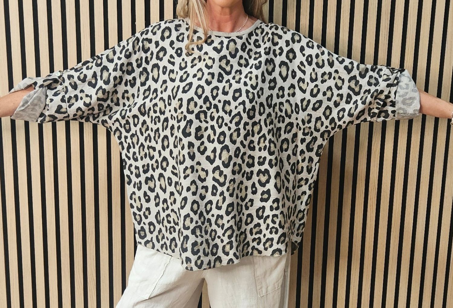 Leopard Print Roll Sleeve Top – Taupe