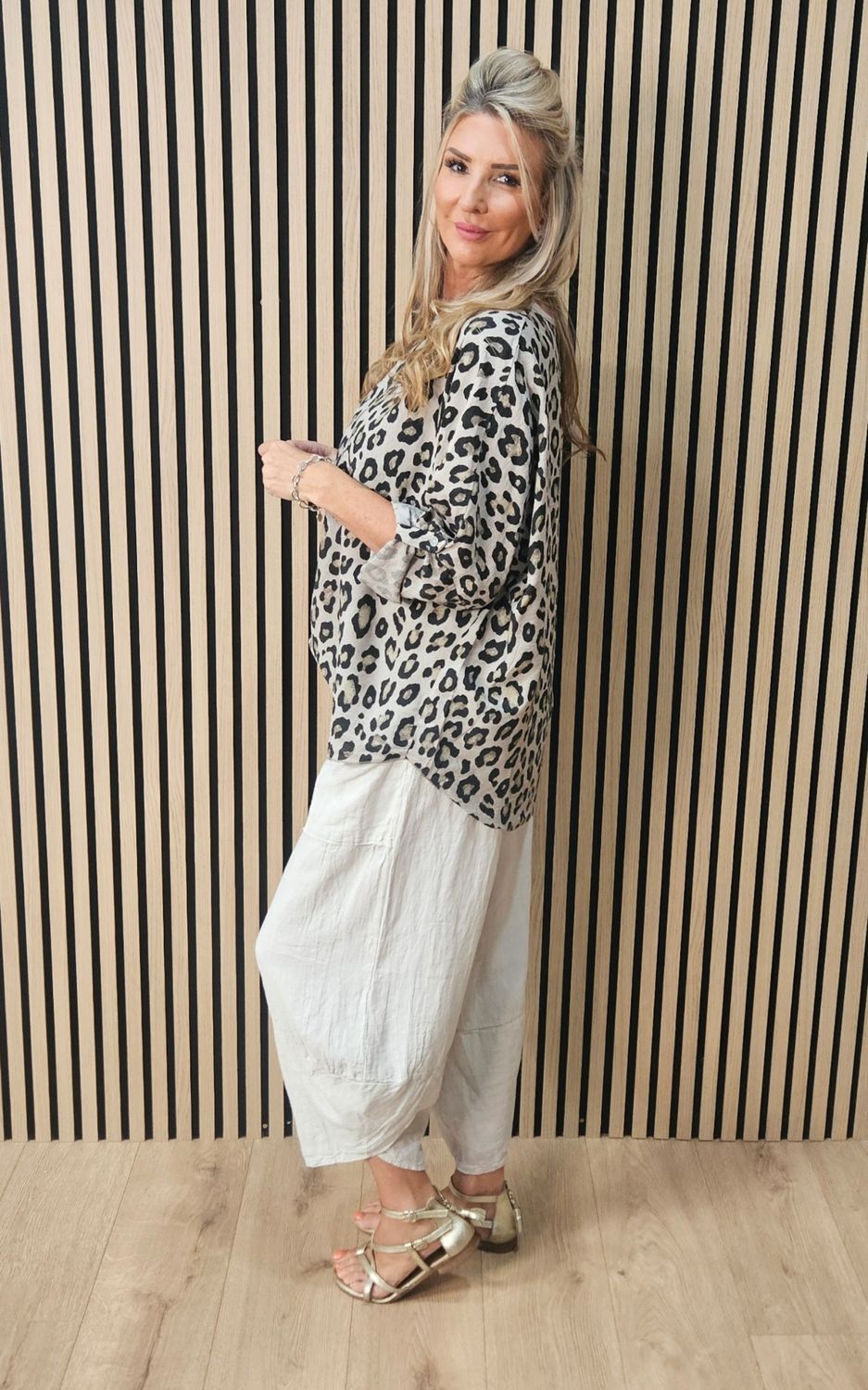 Leopard Print Roll Sleeve Top – Taupe